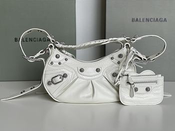 Balenciaga Le Cagole XS Shoulder Bag White Arena Lambskin Aged Silver Hardware With Rhinestones - 26×16×10cm