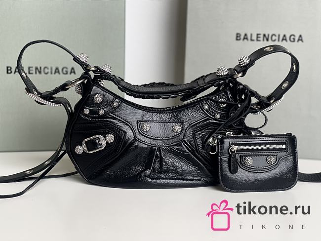 Balenciaga Le Cagole XS Shoulder Bag Black Arena Lambskin Aged Silver Hardware With Rhinestones - 26×16×10cm - 1