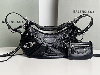 Balenciaga Le Cagole XS Shoulder Bag Black Arena Lambskin Aged Silver Hardware With Rhinestones - 26×16×10cm