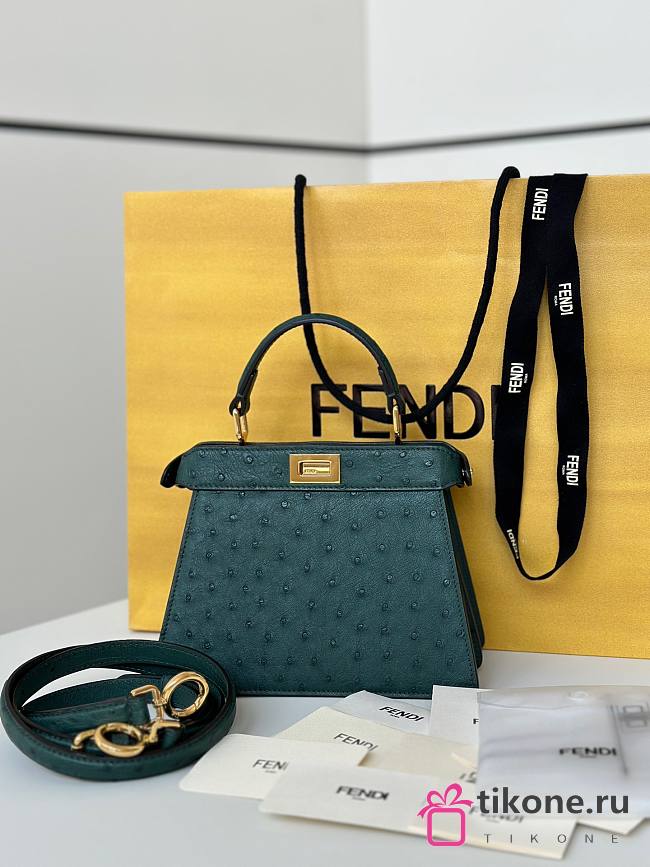 Fendi Peekaboo ISeeU Petite Dark Green Ostrich Leather Bag - 20x11x15cm - 1