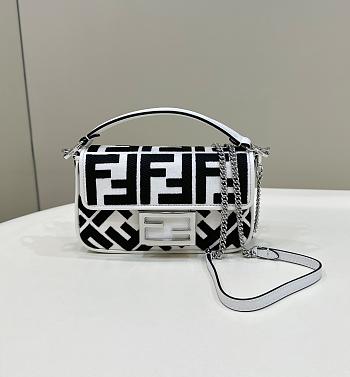 Fendi Baguette Mini Canvas Bag With White And Black FF Embroidery - 20x13x5cm