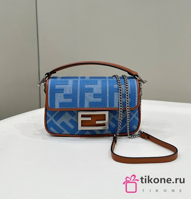 Fendi Baguette Mini Light Blue FF Jacquard Fabric Bag - 20x13x5cm - 1