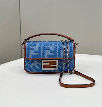 Fendi Baguette Mini Light Blue FF Jacquard Fabric Bag - 20x13x5cm