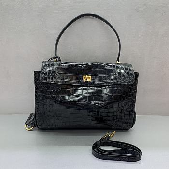 Balenciaga Rodeo Medium Handbag in Crocodile Embossed Black Gold Hardware - 35x23x11cm