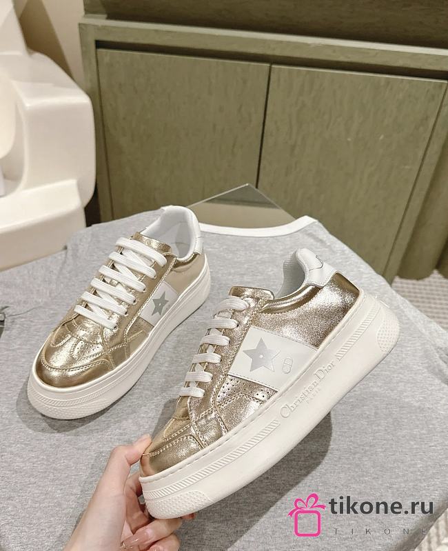 Dior Star Platform Sneaker Gold Tone Crinkled Effect Lambskin and White Calfskin - 1