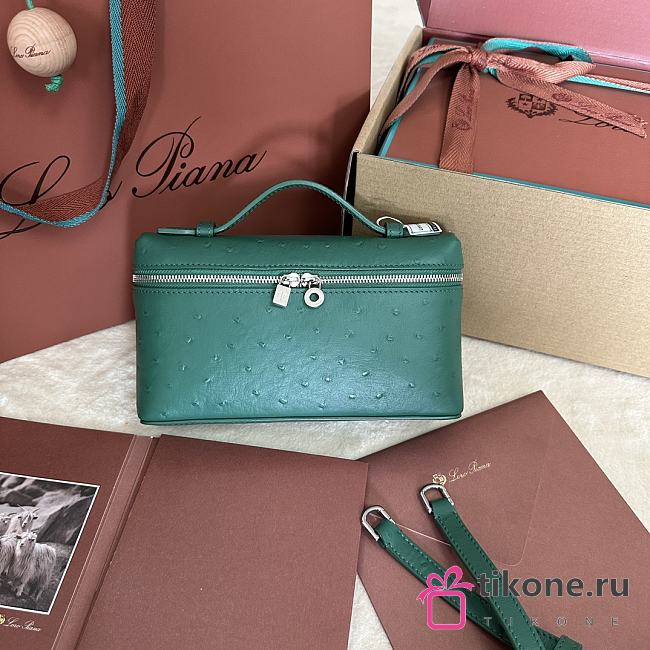 Polo Piana Extra Pocket L19 Ostrich Leather Green Malachite Silver Hardware - 11x19x7cm - 1