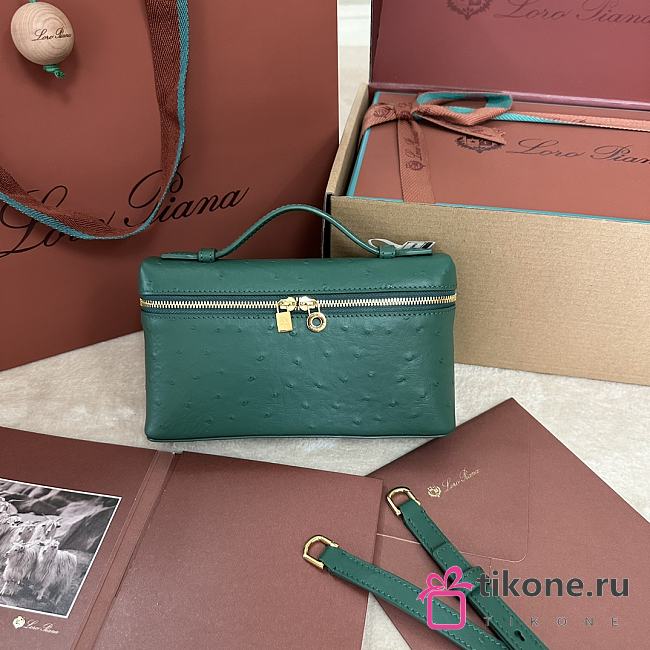 Polo Piana Extra Pocket L19 Ostrich Leather Green Malachite Gold Hardware - 11x19x7cm - 1