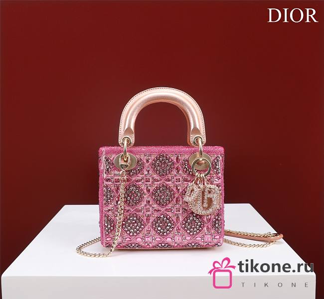 Mini Lady Dior Bag Metallic Lambskin And Rose Des Vents Satin Embroidered With Beads - 17x15x7cm - 1