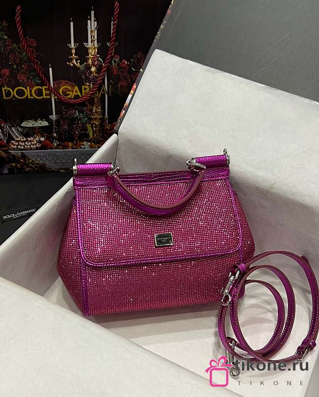 Dolce & Gabbana Small Satin Sicily Bag With Fusible Rhinestones Pink - 20x16x8cm - 1