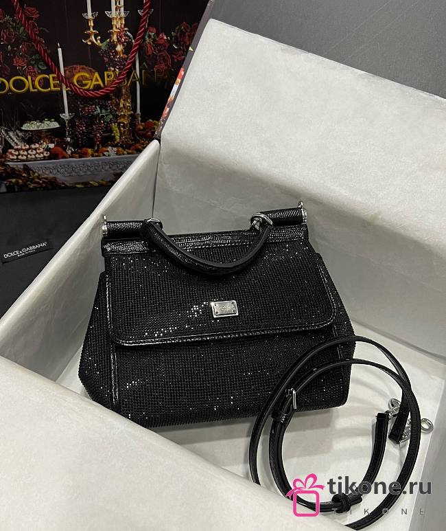 Dolce & Gabbana Small Satin Sicily Bag With Fusible Rhinestones Black - 20x16x8cm - 1