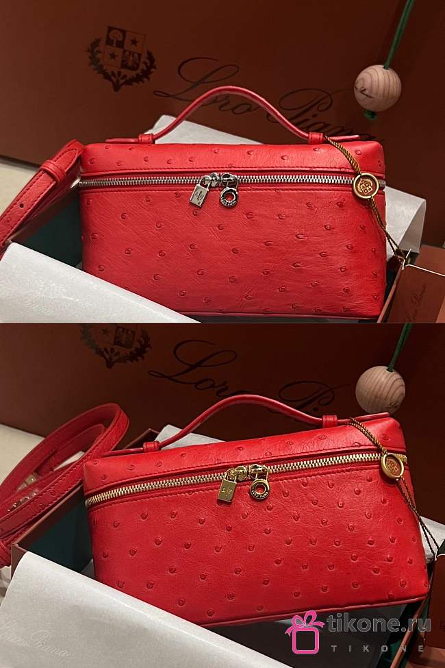 Polo Piana Extra Pocket L19 Ostrich Leather Red Hardware - 11x19x7cm - 1