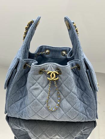 Chanel 25 Small Handbag Washed Denim Gold Tone Metal  Blue - 30x26x14cm