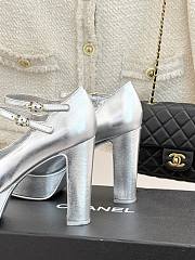 Chanel Mary Janes Shoes Metallic Lambskin Grosgrain Silver Black 12.5cm - 6