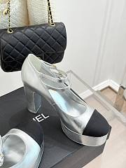 Chanel Mary Janes Shoes Metallic Lambskin Grosgrain Silver Black 12.5cm - 3