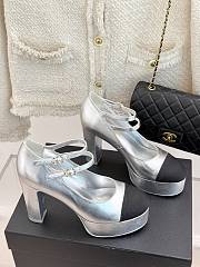 Chanel Mary Janes Shoes Metallic Lambskin Grosgrain Silver Black 12.5cm - 2