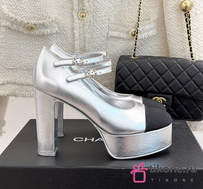 Chanel Mary Janes Shoes Metallic Lambskin Grosgrain Silver Black 12.5cm - 1