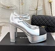 Chanel Mary Janes Shoes Metallic Lambskin Grosgrain Silver Black 12.5cm - 1