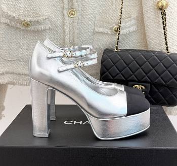 Chanel Mary Janes Shoes Metallic Lambskin Grosgrain Silver Black 12.5cm