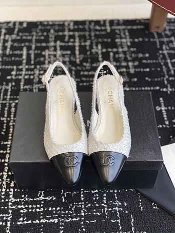 Chanel Slingbacks Cotton Tweed Lambskin White Black 4.5cm