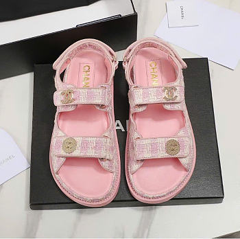 Chanel Sandals Cotton Tweed Lambskin Light Pink