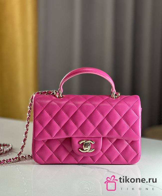 Chanel Mini Flap Top Handle Hot Pink Lambskin Gold Hardware - 12x20x6.5cm - 1