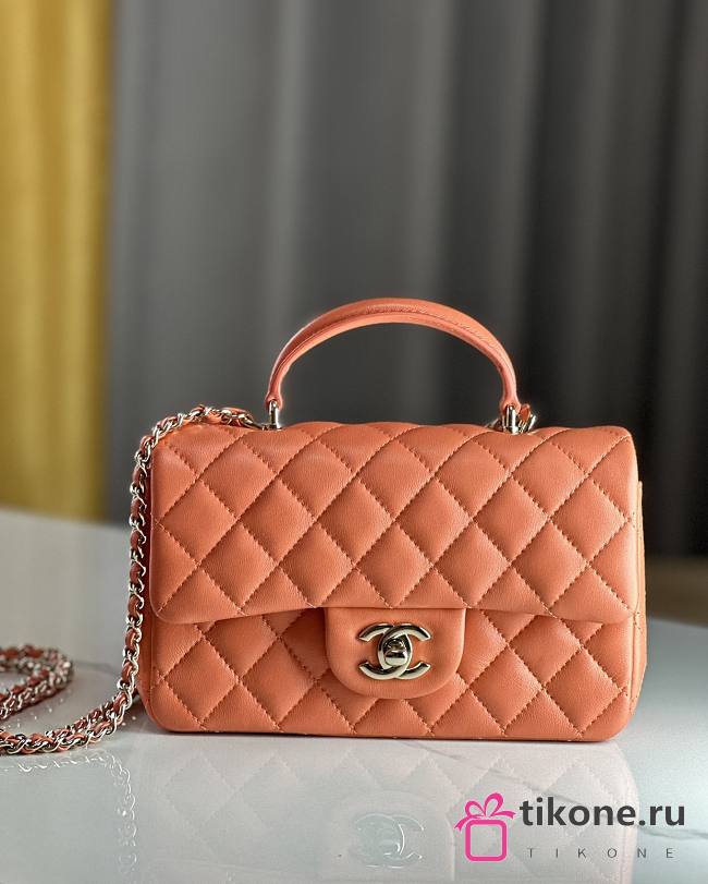 Chanel Mini Flap Top Handle Orange Lambskin Gold Hardware - 12x20x6.5cm - 1