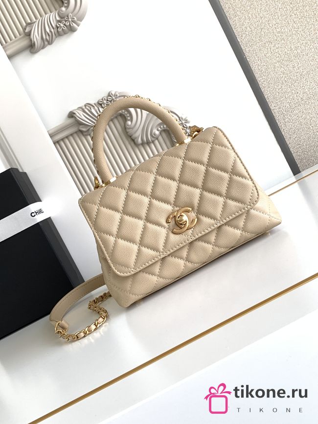 Chanel Mini Flap Bag with Top Handle Grained Calfskin Gold Tone Metal Beige - 19x13x9cm - 1