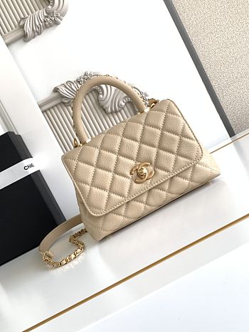 Chanel Mini Flap Bag with Top Handle Grained Calfskin Gold Tone Metal Beige - 19x13x9cm