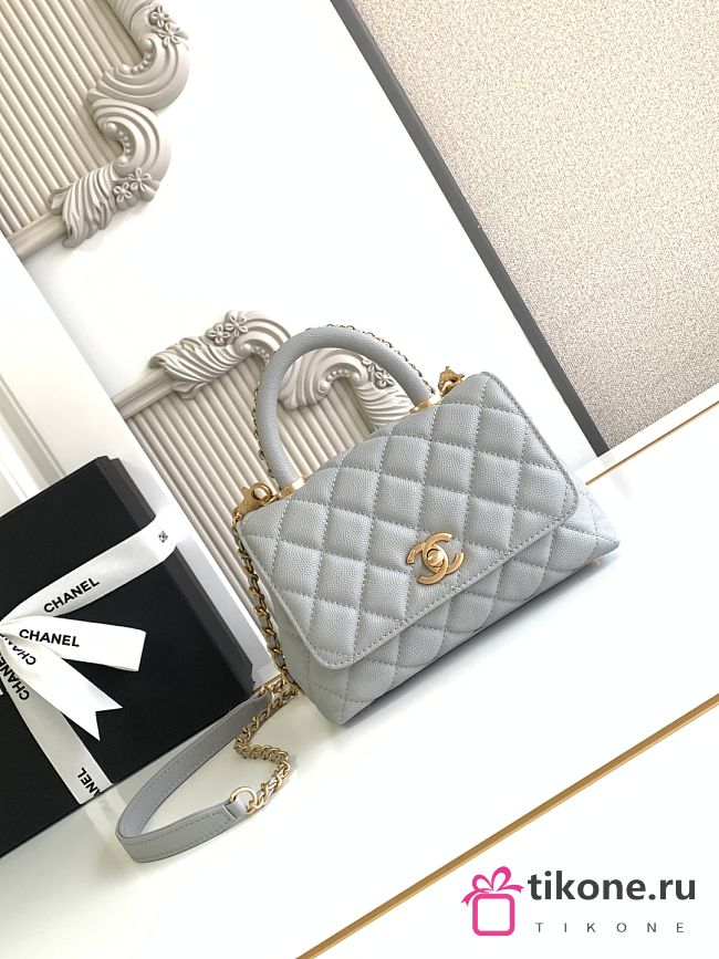 Chanel Mini Flap Bag with Top Handle Grained Calfskin Gold Tone Metal Gray - 19x13x9cm - 1