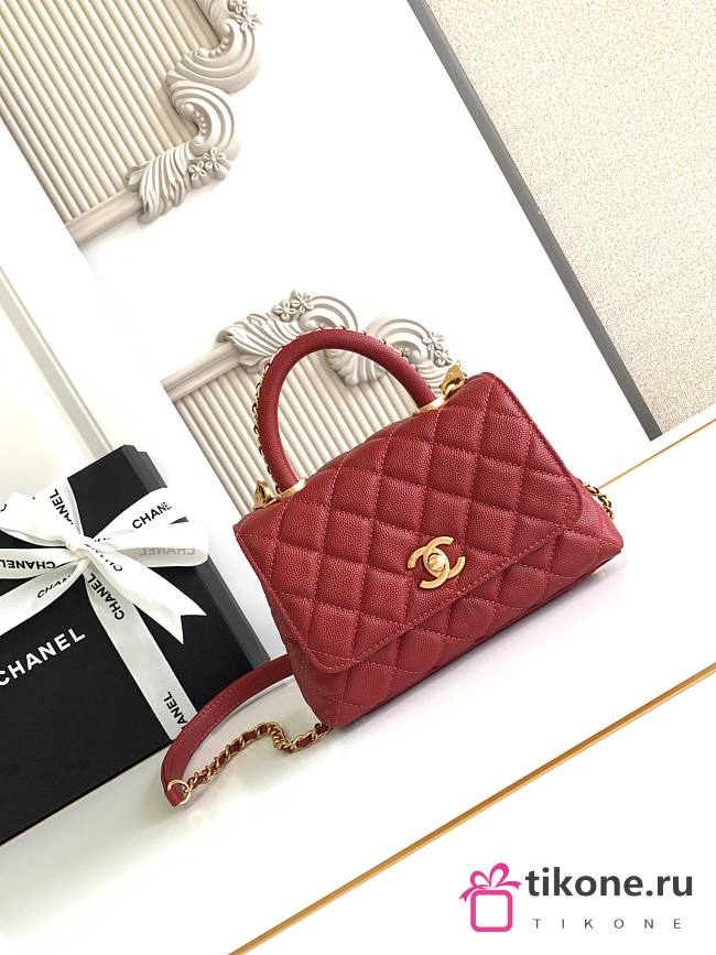 Chanel Mini Flap Bag with Top Handle Grained Calfskin Gold Tone Metal Red - 19x13x9cm - 1