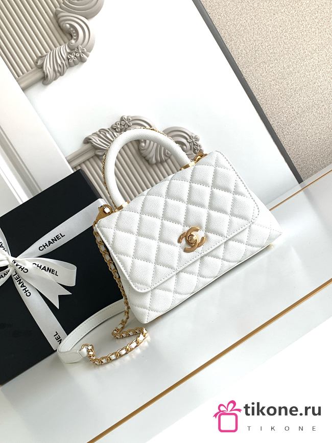 Chanel Mini Flap Bag with Top Handle Grained Calfskin Gold Tone Metal White - 19x13x9cm - 1