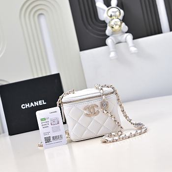 Chanel Small Vanity With Chain Lambskin Diamante Gold Metal White - 11x8.5x7cm