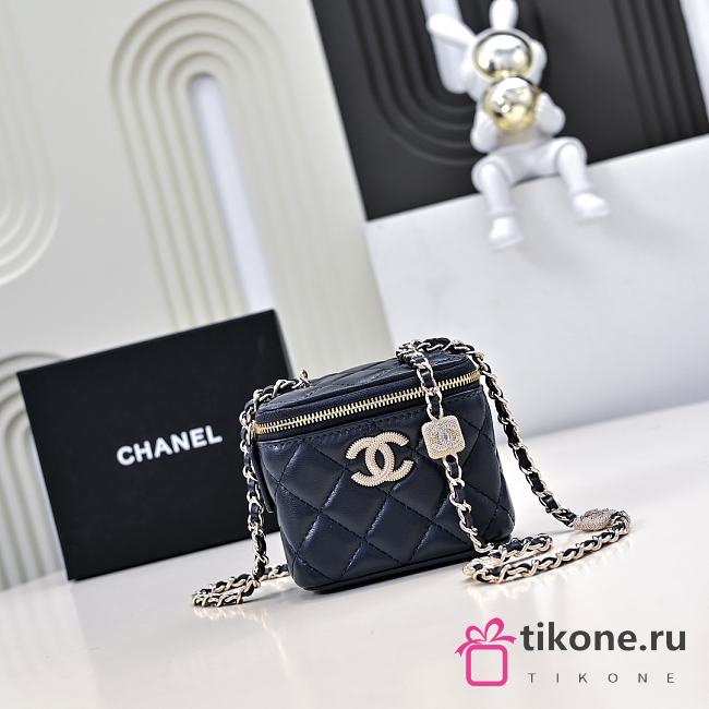 Chanel Small Vanity With Chain Lambskin Diamante Gold Metal Navy Blue - 11x8.5x7cm - 1