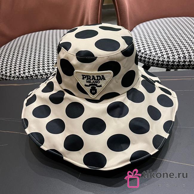 Prada Triangle Polka Dot Logo Bucket Hat Beige  - 1