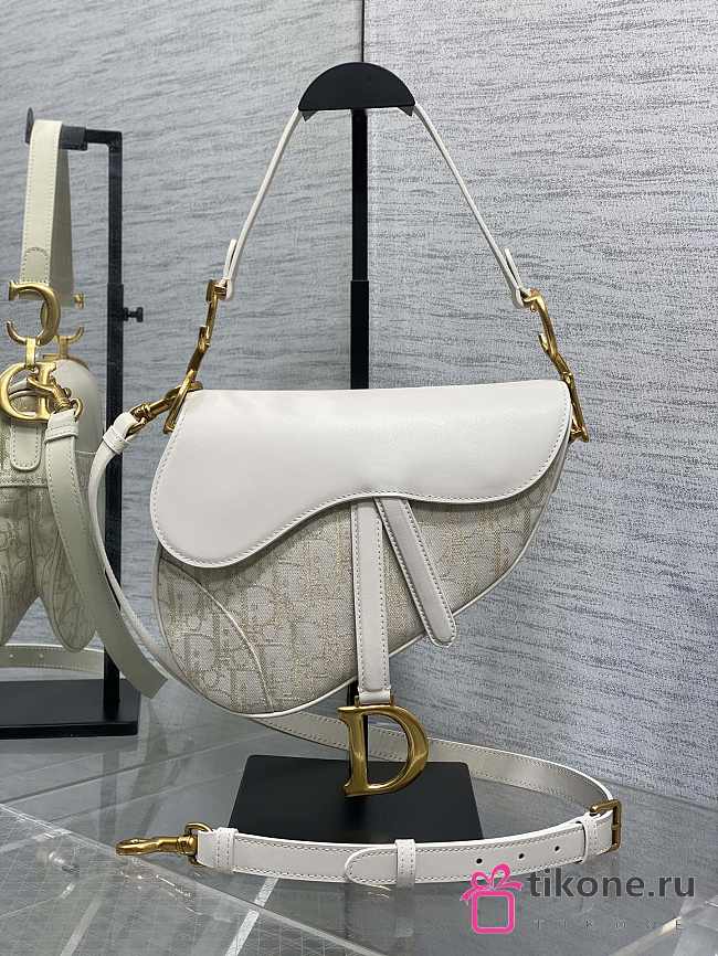 Saddle Bag with Strap Latte Smooth Calfskin and Dior Oblique Denim Embroidered Gold Metallic - 25.5x6.5x20cm - 1