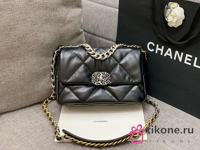 Chanel 19 Handbag Shiny Lambskin Black Silver Hardware - 16x26x9cm - 1