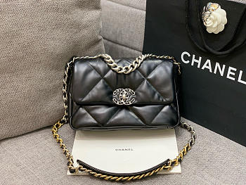 Chanel 19 Handbag Shiny Lambskin Black Silver Hardware - 16x26x9cm