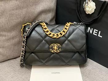 Chanel 19 Large Handbag Shiny Lambskin Black Gold Hardware - 30x20x10cm