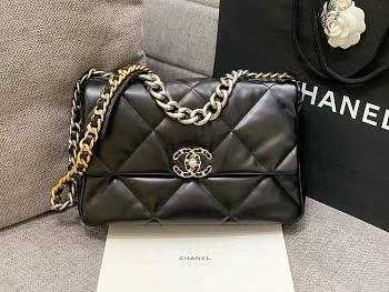 Chanel 19 Large Handbag Shiny Lambskin Black Silver Hardware - 30x20x10cm
