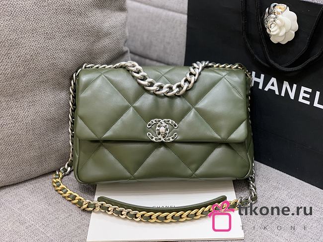 Chanel 19 Large Handbag Shiny Lambskin Khaki Gold Hardware - 30x20x10cm - 1
