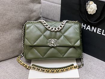 Chanel 19 Large Handbag Shiny Lambskin Khaki Gold Hardware - 30x20x10cm