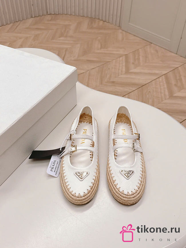 Prada Ivory Nappa Leather And Raffia Ballerinas  - 1