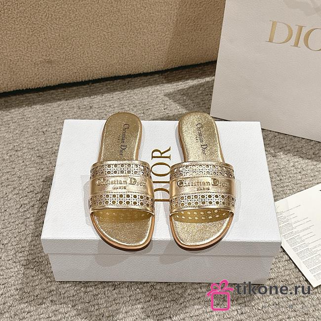 Dior Or D Lane Slide Gold-Tone Openwork Microcannage Laminated Calfskin - 1