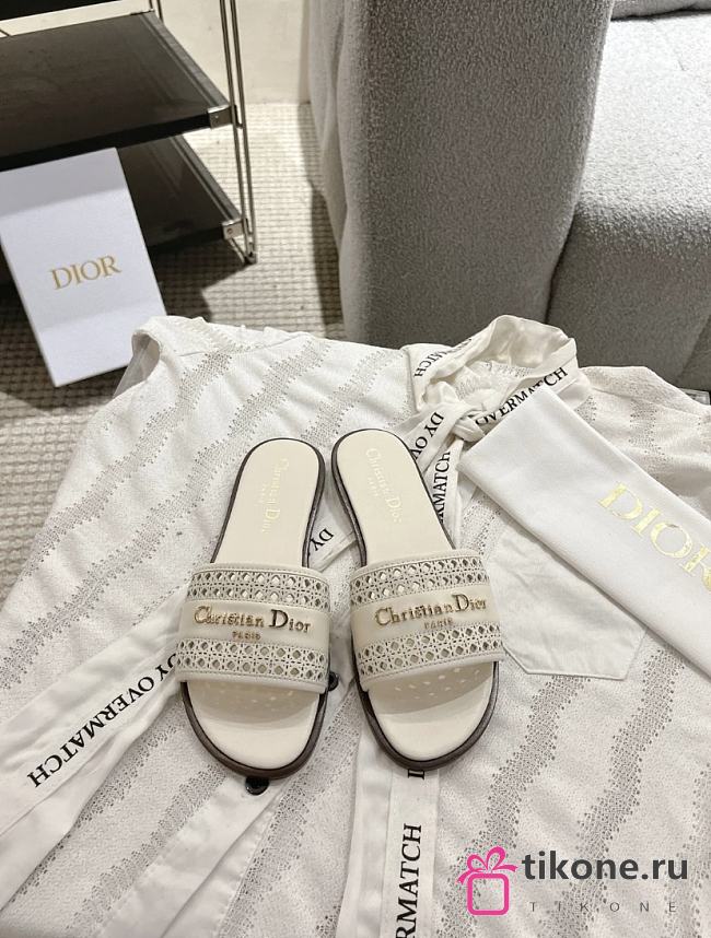 Dior Or D Lane Slide White Openwork Microcannage Laminated Calfskin - 1