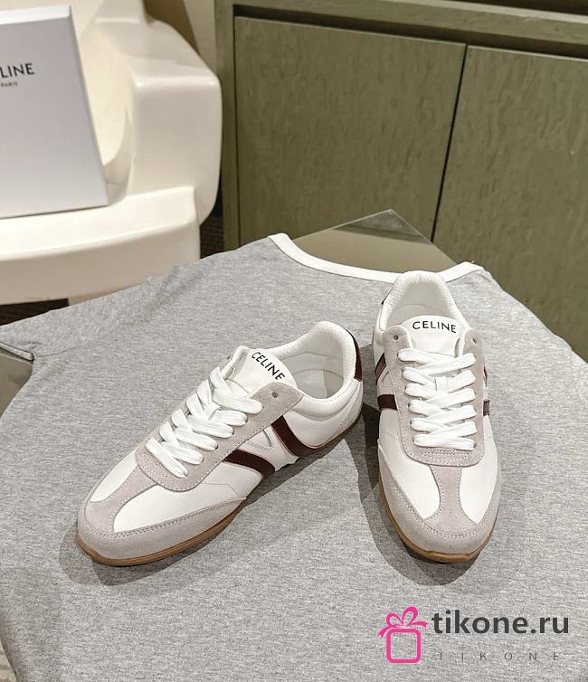 Celine Jogger Low Lace-up Sneaker In Calfskin and Suede Calfskin Burgundy Gray - 1