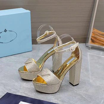 Prada Embellished Satin Platform Sandals in Gold