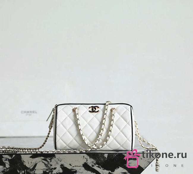 Chanel Clutch with Chain Lambskin Gold Tone Metal White Black - 18.5x11.5x11cm - 1