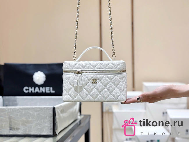 Chanel Long Vanity With Chain Grained Calfskin White - 19x14x5cm - 1