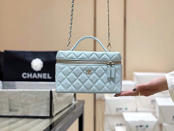 Chanel Long Vanity With Chain Grained Calfskin Light Blue - 19x14x5cm