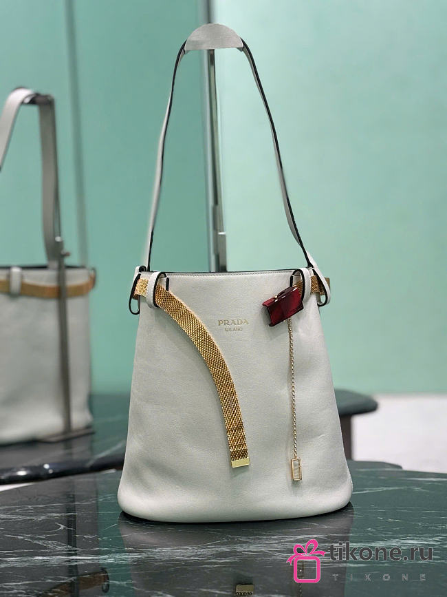 Prada Buckle Leather Bucket Bag With Jeweled Belt White 1BE085 - 26.5x29x18cm - 1